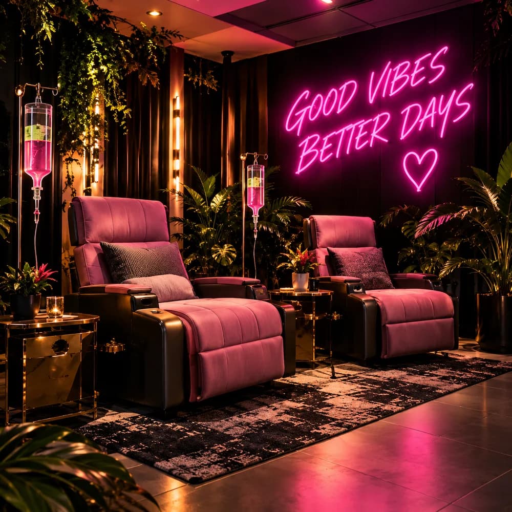 Concept illustration of the planned tropical lounge with pink chairs and neon lighting